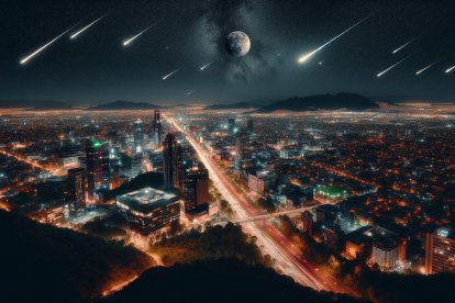 Representación de una lluvia de estrellas que surca el cielo de la CDMX, como uno de los eventos astronómicos de octubre 2024.