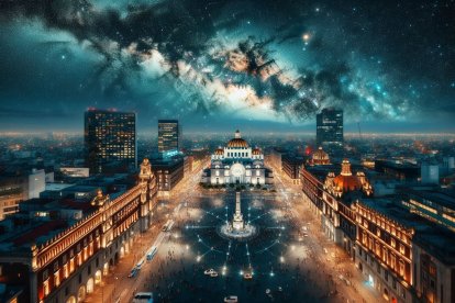 Representación de la Vía Láctea extendiéndose sobre el Centro Histórico de la Ciudad de México, como sucederá este octubre 2024.
